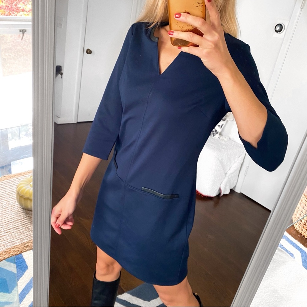 💙 CAMAIEU NAVY BLACK FAUX LEATHER TRIM CAPRI SLEEVE DRESS! - Picture 3 of 12